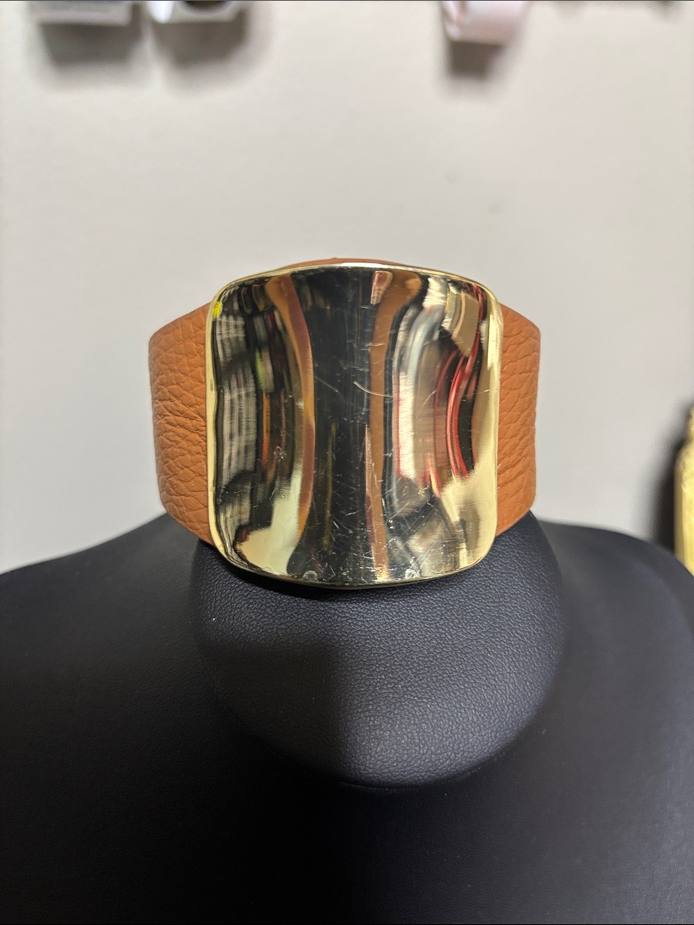 Genuine Leather Wide Tan Cuff Bracelet Gold Plate Elegant